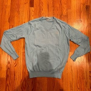 Peter Millar light blue v-neck sweater with “The Ridge” logo